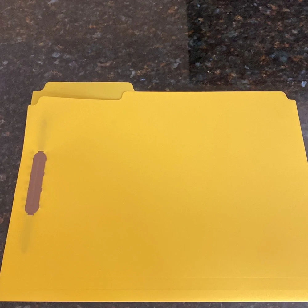 NWOT Bundle of 40 yellow plastic, first cut letter folders with clasps